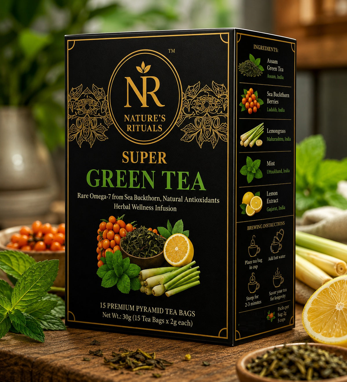 Nature's Rituals Super Green Tea | Premium Green Tea with Sea Buckthorn, Lemon, Mint & Lemongrass | 15 Pyramid Tea Bags